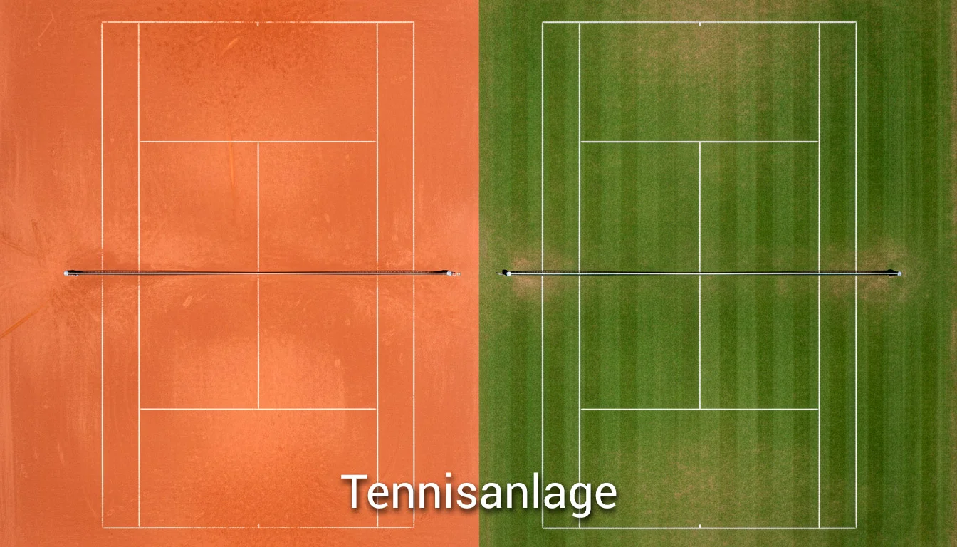Geteilte Ansicht eines Tennisplatzes mit Sandbelag und Rasenbelag