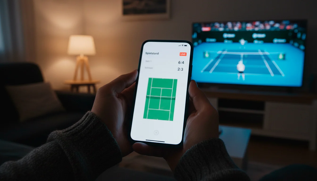 Tennisfan verfolgt ein Live-Match auf dem Smartphone mit Echtzeitdaten