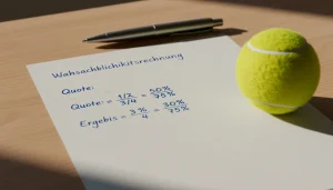 Handgeschriebene mathematische Formeln auf einem Blatt Papier neben einem Tennisball