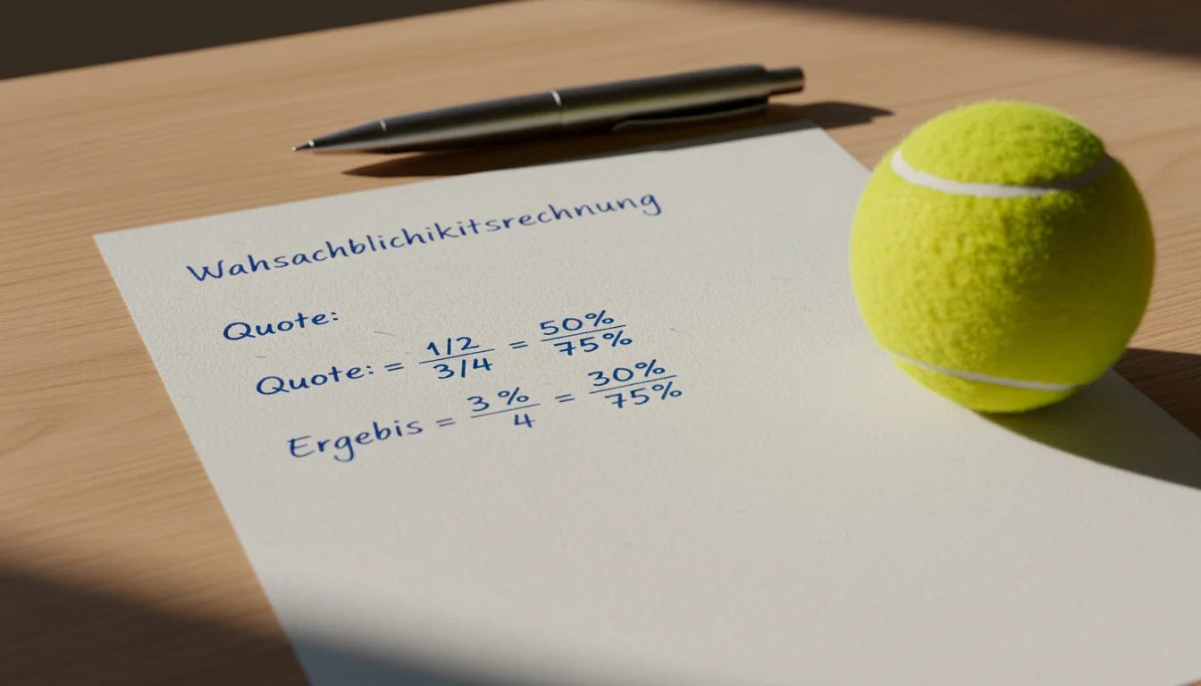 Handgeschriebene mathematische Formeln auf einem Blatt Papier neben einem Tennisball