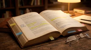 Aufgeschlagenes Fachbuch mit markierten Begriffen und Notizen am Seitenrand