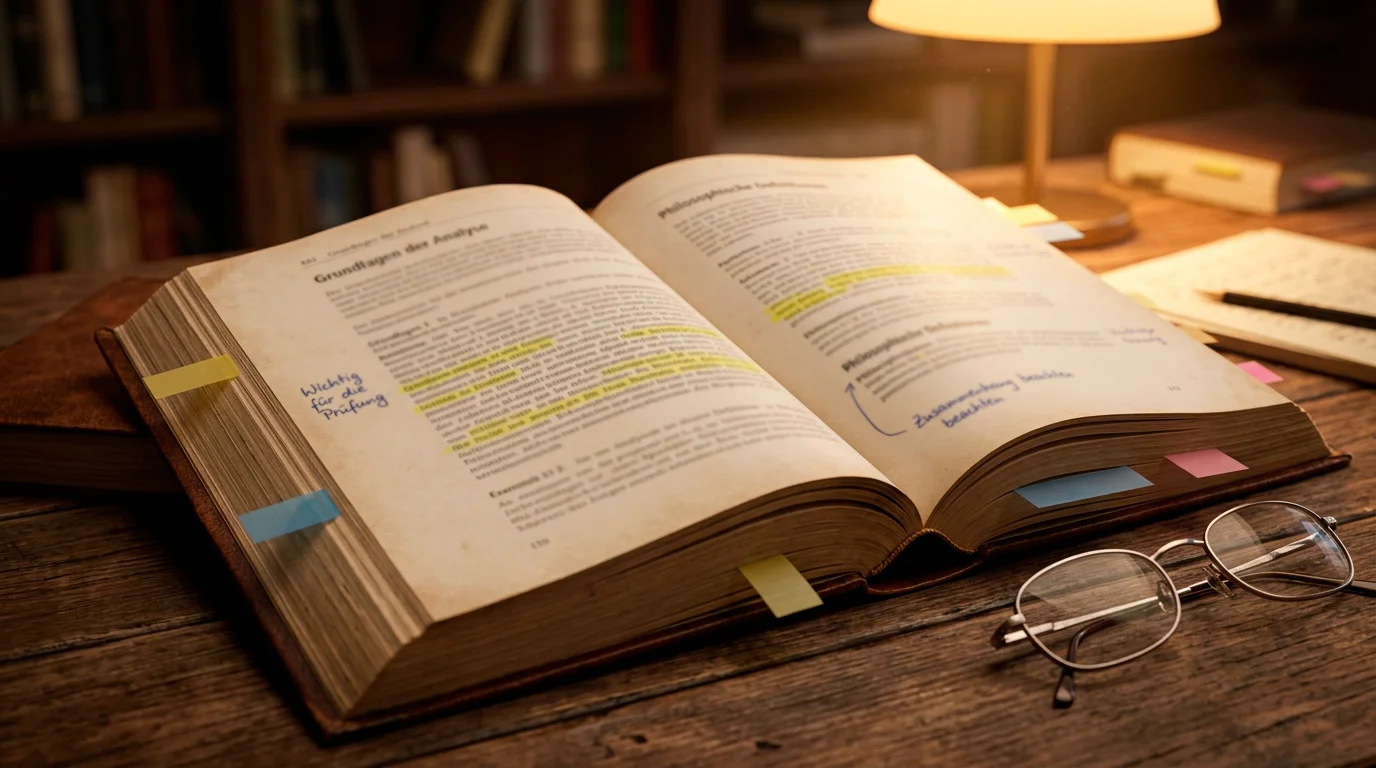 Aufgeschlagenes Fachbuch mit markierten Begriffen und Notizen am Seitenrand