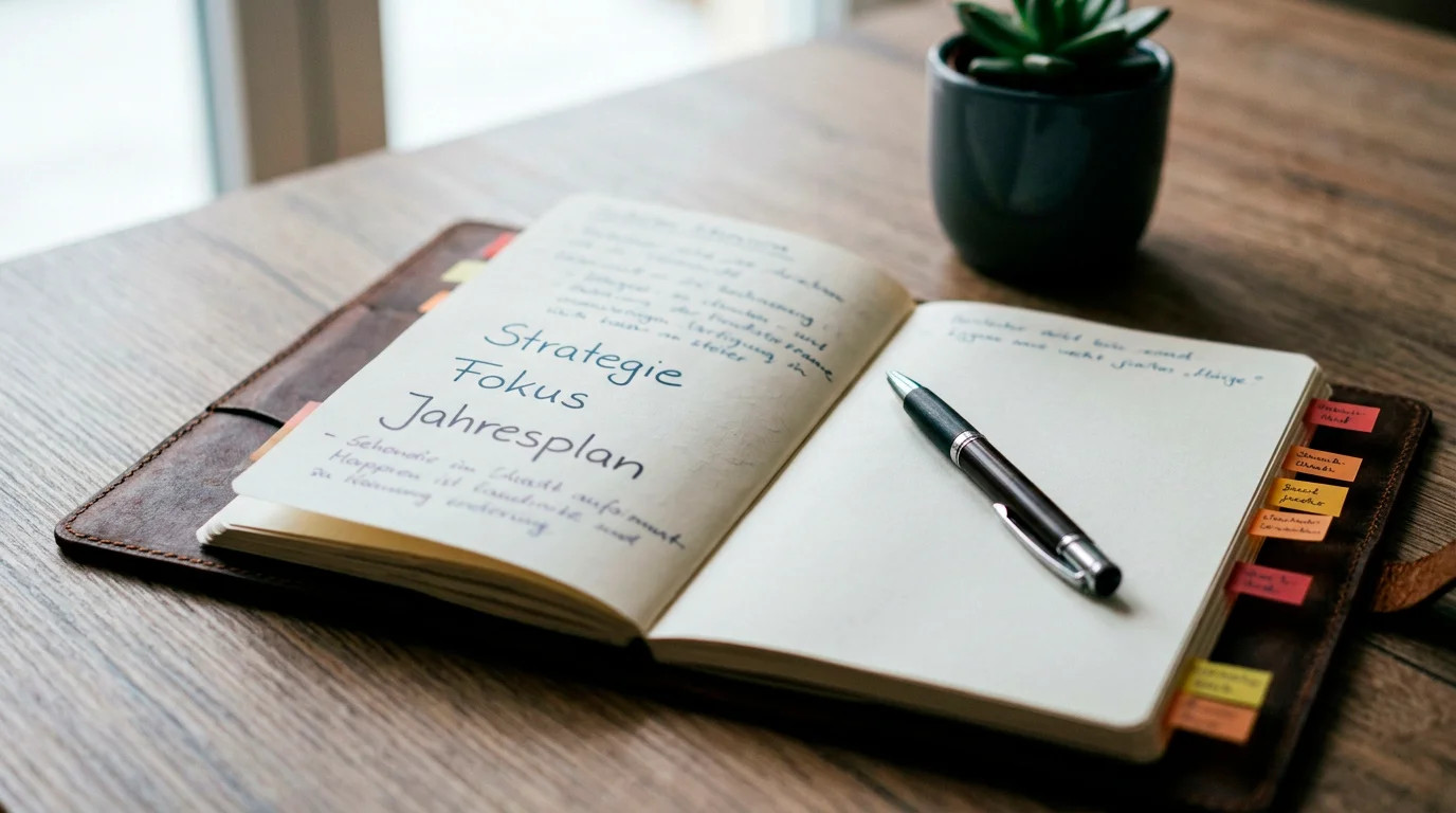 Offener Planer mit farbigen Markierungen für verschiedene Saisonphasen auf einem Schreibtisch